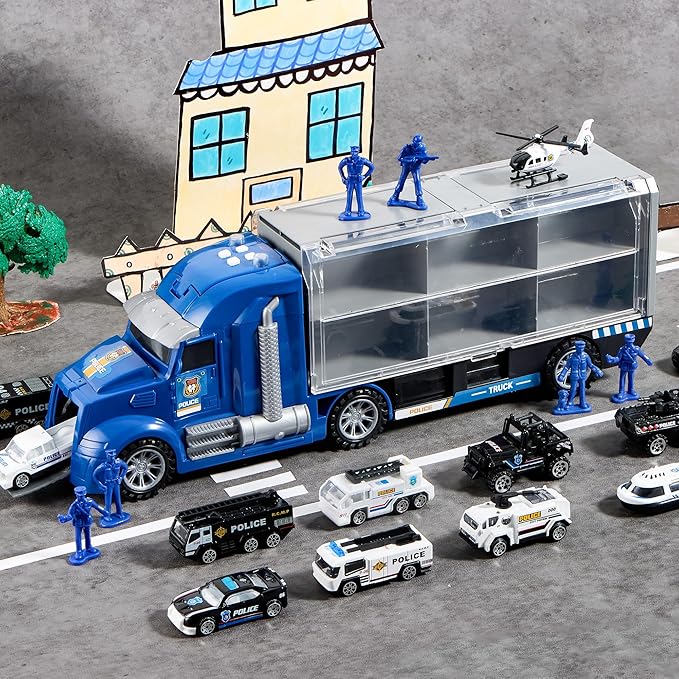 JOYIN 25 in 1 Police Rescue Truck Car Toy Set with Sounds and Lights, Mini Vehicles in Carrier Truck, Play Police Patrol Rescue Vehicle Toy, Birthday Gifts for Over 3 Years Old Boys, Easter Basket