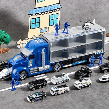 JOYIN 25 in 1 Police Rescue Truck Car Toy Set with Sounds and Lights, Mini Vehicles in Carrier Truck, Play Police Patrol Rescue Vehicle Toy, Birthday Gifts for Over 3 Years Old Boys, Easter Basket