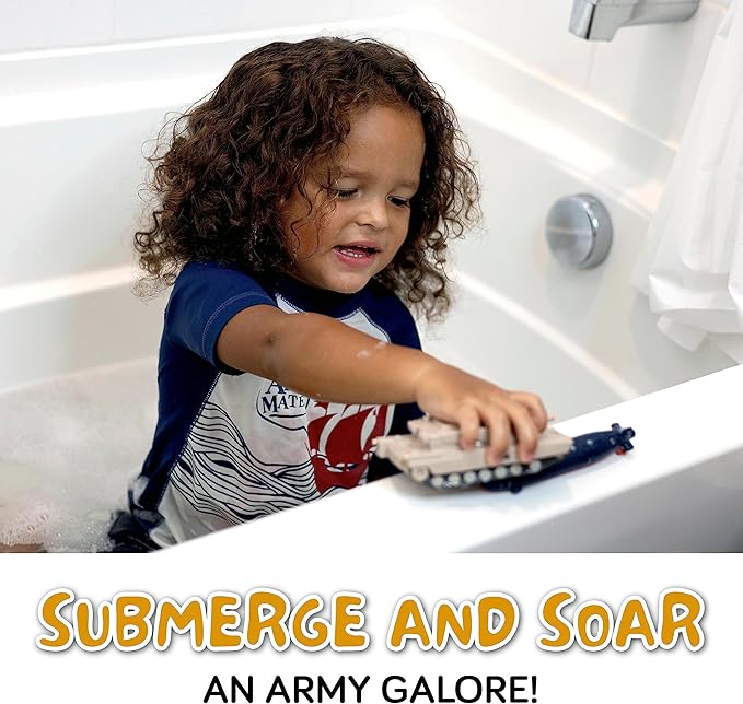 SplashEZ Bath Toys for Kids Ages 4-8, Kids Bath Toys for Boys, Mold Free No Hole Sealed, Soft Durable Army Play Set Submarine Tank Airplane Jet, No Mold for Water Tub & Pool, Ages 0-1-3-4-5-6-8