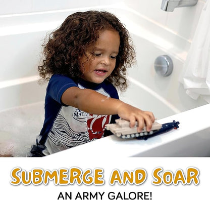 SplashEZ Bath Toys for Kids Ages 4-8, Kids Bath Toys for Boys, Mold Free No Hole Sealed, Soft Durable Army Play Set Submarine Tank Airplane Jet, No Mold for Water Tub & Pool, Ages 0-1-3-4-5-6-8