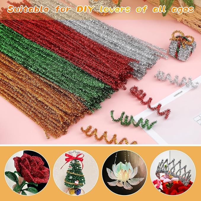 Pipe Cleaners Craft, 100Pcs Pipe Cleaners Supplies for Home DIY Handmade Arts, Glitter Pipe Cleaners for Festivals DIY Decorations/Glitter Gold
