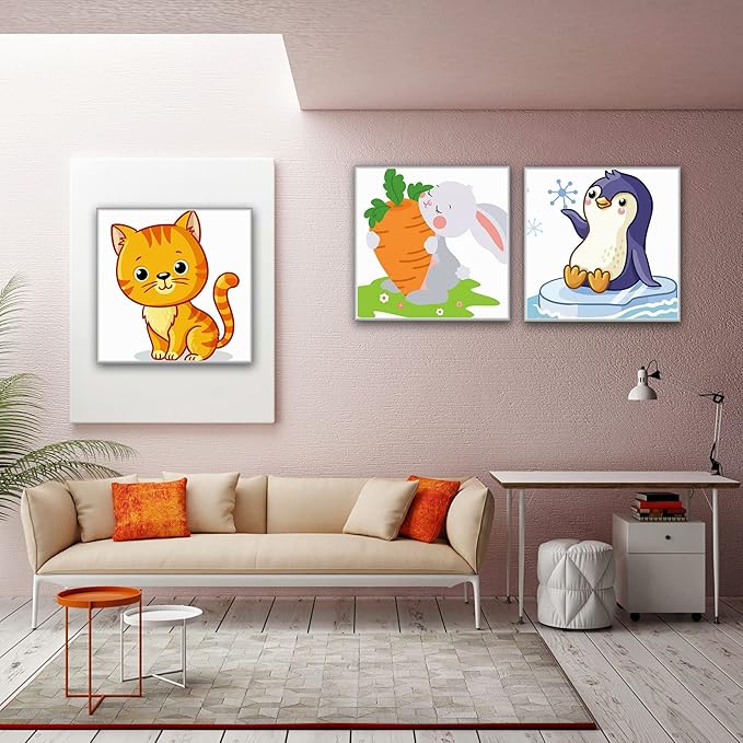 Hiolife 3 Pack Paint by Number Kits for Kids, 8X 8 inch Framed,Colorful Animals Oil Painting Kits for Girls and Boys, Painting Sets for Childrens,Home Wall Decor