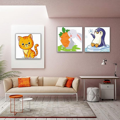 Hiolife 3 Pack Paint by Number Kits for Kids, 8X 8 inch Framed,Colorful Animals Oil Painting Kits for Girls and Boys, Painting Sets for Childrens,Home Wall Decor
