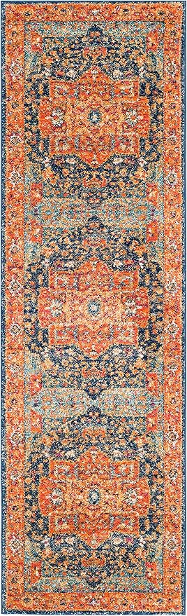 SAFAVIEH Evoke Collection 2'2" x 9' Blue/Orange EVK275C Oriental Medallion Distressed Non-Shedding Living Room Entryway Foyer Hallway Bedroom Runner Rug
