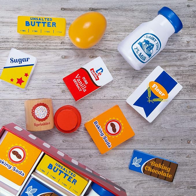 Baker's Mart Ingredient Set | Wooden Play Food Baking Groceries | Includes Baking Soda, Chocolate, Milk, Sugar, Vanilla, Flour, Sprinkles, Butter and Egg | Pretend Play Food Kitchen Accessories