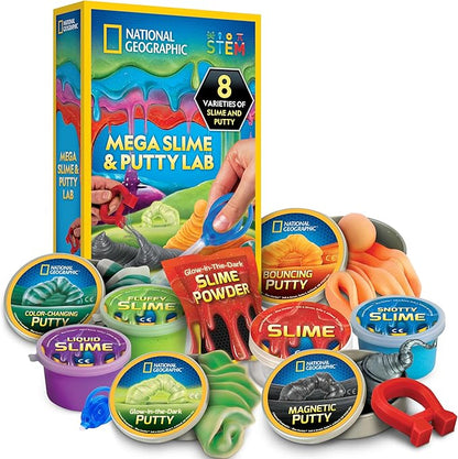 NATIONAL GEOGRAPHIC Mega Slime Kit & Putty Lab - 4 Types of Slime Plus 4 Types of Putty Including Magnetic, Slime Kit for Boys and Girls, Sensory Toy & Science Kit