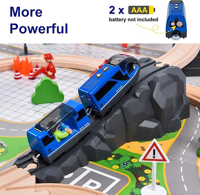 Giant bean 70PCS Wooden Train Set with Battery Locomotive Fits Thomas, Brio, Chuggington, Melissa Tracks, Expandable Toys for 3+ Years Old Girls & Boys