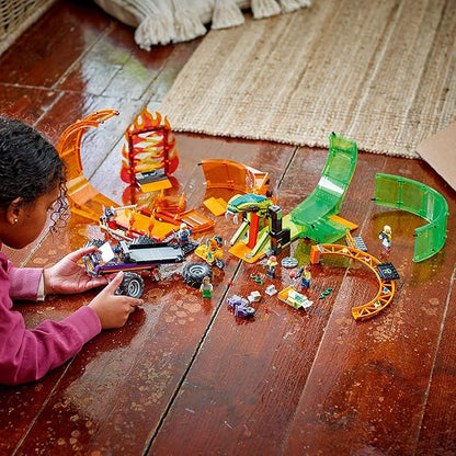 LEGO City Stuntz Double Loop Stunt Arena 60339, Monster Truck Playset with 2 Toy Motorcycles, Ramp, Wall of Flames, Ring of Fire, Snapping Snake Loop and 7 Minifigures, for Kids Ages 7 Plus