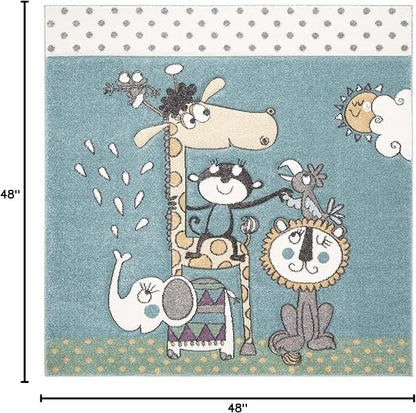 SAFAVIEH Carousel Kids Collection 4' Square Ivory/Blue CRK185A Animal Non-Shedding Nursery Playroom Area Rug