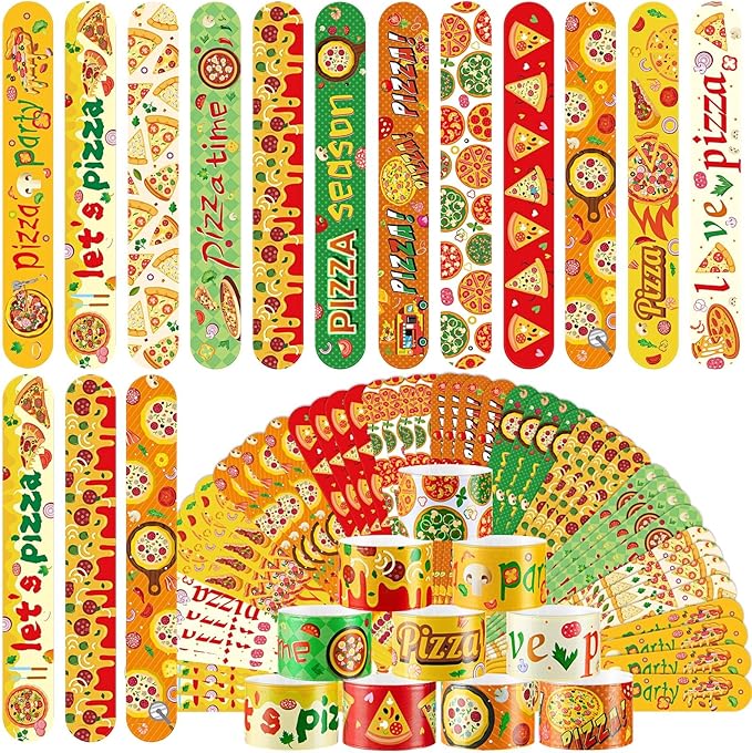 48 Pcs Pizza Slap Bracelets Bulk Party Favors Plastic Colorful Cute Snap Bracelets for Kids Goodie Bag Stuffers Party Supplies Classroom Rewards Prizes Birthday Exchanging Gift, 12 Styles