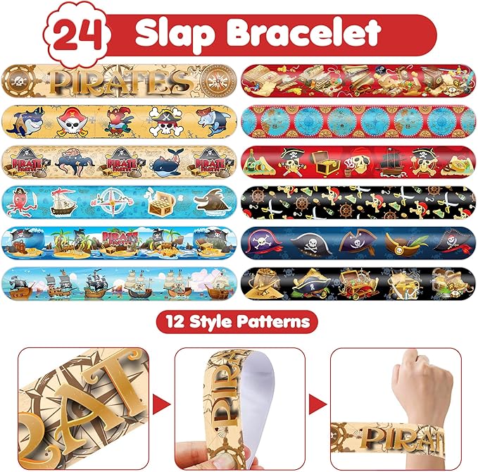 48PCS Pirate Party Favors - 24PCS Tattoos & 24PCS Slap Bracelets - Pirate-Themed Birthday Supplies, Treasure Hunt Decorations, Classroom Prizes, Gifts for Boys & Girls