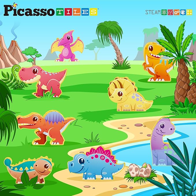 PicassoTiles Magnet Tiles Building Blocks 8 Dinosaur Magnetized Action Figures Compatible Magnetic Construction Build and Play Tile Accessory Toy STEAM Educational Learning Toys Kids Ages 3+ PTA23