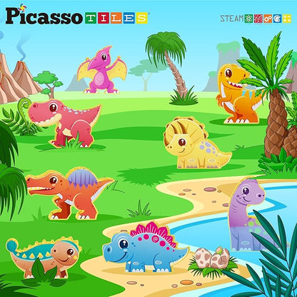 PicassoTiles Magnet Tiles Building Blocks 8 Dinosaur Magnetized Action Figures Compatible Magnetic Construction Build and Play Tile Accessory Toy STEAM Educational Learning Toys Kids Ages 3+ PTA23