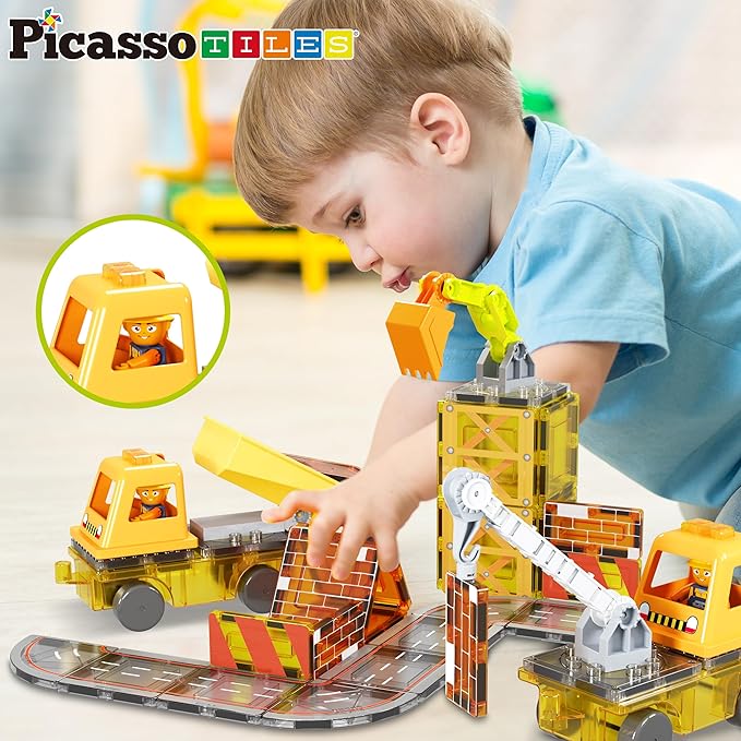 PicassoTiles Magnet Tile Construction Themed Building Blocks 5-in-1 Crane, Ladder, Dump Truck, Excavator, and Backhoe Action Figures, 2 Car Base Vehicles Magnetic Tiles Learning Toys Kids Ages3+ PTU06