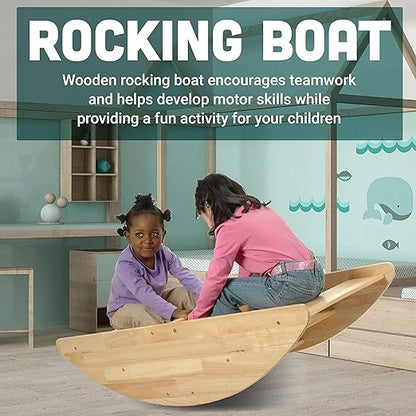 Constructive Playthings Wooden Rocking Boat for Children, Use as Playground Equipment, Daycare Furniture or for Home Use, Indoor and Outdoor Toddler Toys, Climbing Toy, Sits 4 Kids, 2 Years & Up