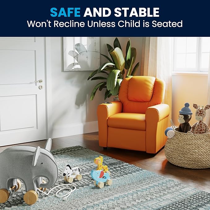 Flash Furniture Vana Vinyl Kids Recliner with Cup Holder, Headrest, and Safety Recline, Contemporary Reclining Chair for Kids, Supports up to 90 lbs., Orange