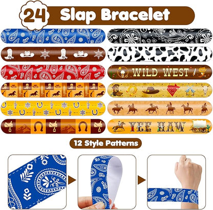 48PCS Cowboy Party Favors - 24PCS Temporary Tattoos & 24PCS Slap Bracelets - Cool Western Rodeo Themed Birthday Supplies, Decorations, Gifts, Classroom Prizes for Kids, Boys & Girls