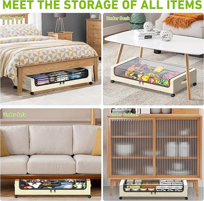 Tututry Under Bed Storage with Wheels, XXL 60L Under the Bed Storage Bins, Underbed Storage Containers with Lids & Label, Rolling Metal Drawer for Shoes, Clothes, Books, Toys (2-Pack Beige)