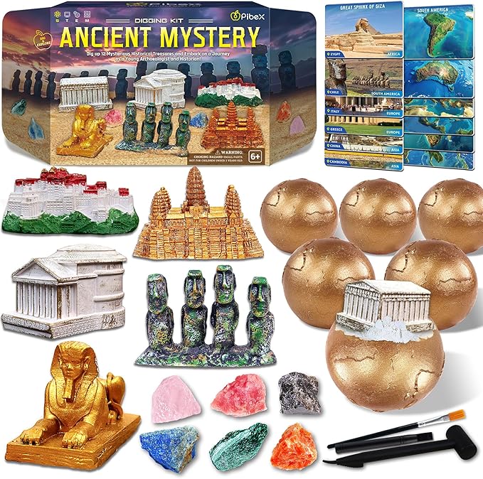 Ancient Wonders Dig Kit, Dig up 6 Mystery Historical Landmarks & 6 Treasure Stones, Famous World History Architecture Toy Archaeology Set, STEM History Gift for Kids Age 6-8-12