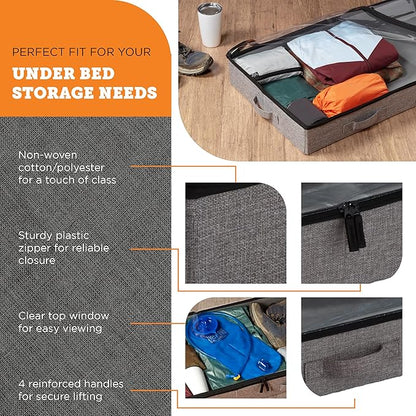 storageLAB Under Bed Storage Containers, Low Profile Underbed Organizers with Sturdy Handles, Dual Zippers, and Clear Windows, Ideal for Clothes, Pillows, and Blankets - 2 Pack, Low Profile, Gray