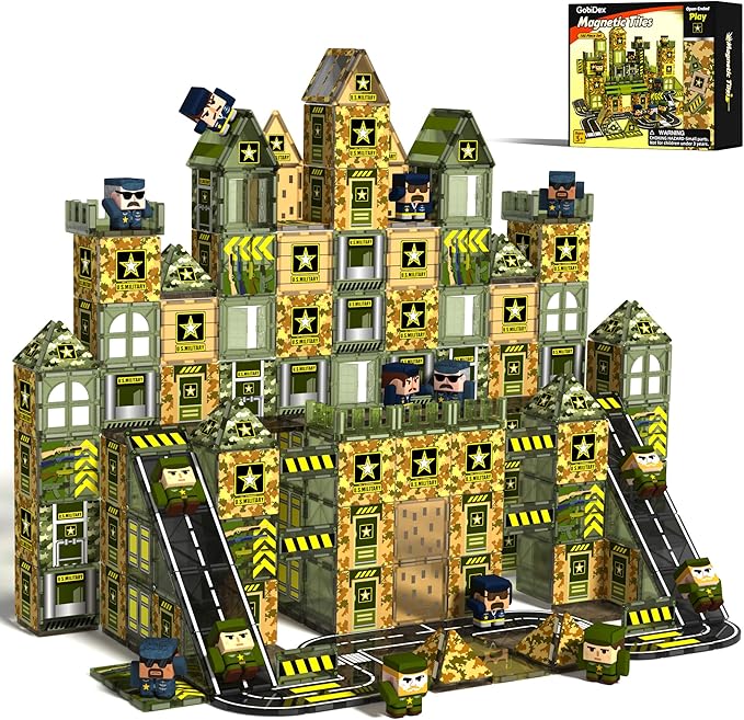 GobiDex 100PCS Army Magnetic Tiles Building Set for Kids, STEM Military Magnetic Building Blocks with 6 Magnetic Army Men, Educational Construction Toys Gift for Boys Girls 3 4 5 6 7 8 9+ Year Old