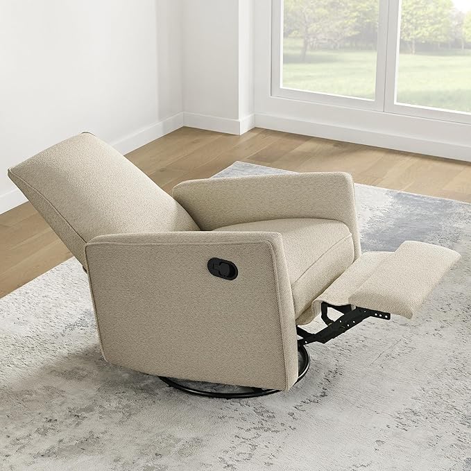 Upholstered Recliner Swivel Glider Nursery Chair Reclining Performance Fabric Rocker with Metal Base,Basketweave,Oat