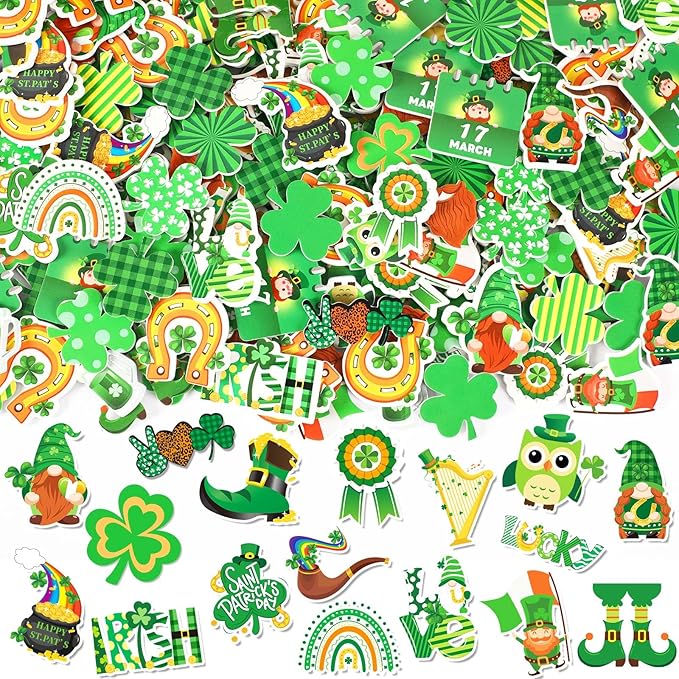 JULBEAR St. Patrick's Day Foam Sticker, 300Pcs Shamrock Colorful Printing Self-Adhesive Campus Themed Foam Stickers for Irish Holiday Kids Party Favors DIY Crafts Decorations