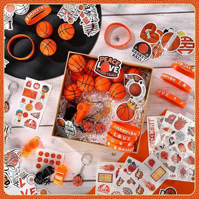 Aoriher 108 Pcs Basketball Party Favors Set Basketball Party Themed Goodie Bag Fillers Mini Basketball Balls Whistle Silicone Bracelet Tattoo Sticker Temporary Keychain for Sport Party Supplies