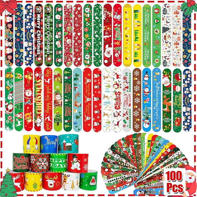 100Pcs Christmas Slap Bracelets, Christmas Party Favors Fidget Toys, Xmas Snap Wristbands for Kids Christmas Gifts, Goodies Stocking Stuffers, Classroom Prizes
