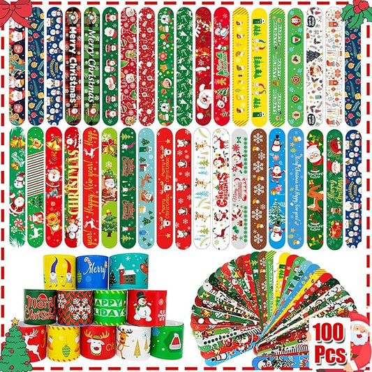 100Pcs Christmas Slap Bracelets, Christmas Party Favors Fidget Toys, Xmas Snap Wristbands for Kids Christmas Gifts, Goodies Stocking Stuffers, Classroom Prizes