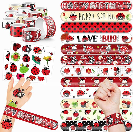 48 PCS Ladybug Party Favors 24PCS Tattoos Sticker 24PCS Slap Bracelets Wristbands Perfect for Themed Birthday Baby Showers or Classroom Rewards Ideal Decor and Gifts for Girls and Boys