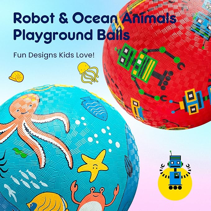 U&C Planet Playground Balls for Toddlers 1-3, 2 Pack 6 inch 8.5 inch Kickball for Kids Outdoor Indoor, Catoon Rubber Balls with Pump, Child Gift for Boys Girls 1-3 3-5 5-10