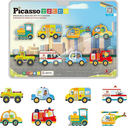 PicassoTiles Magnet Building Blocks Metro City 8 Vehicle Magnetized Action Figures Compatible Magnetic Structural Build Magnets Tile Accessory Playset STEAM Educational Learning Toys Ages 3+ PTA24