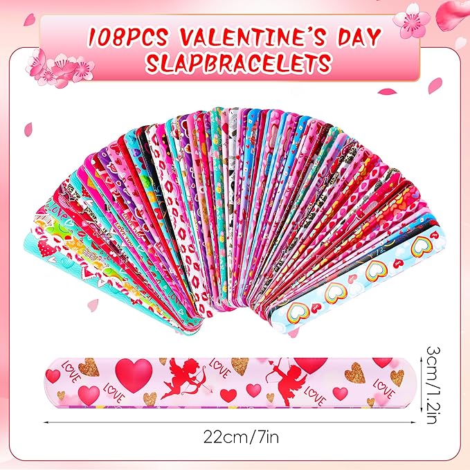 LUYI 108 Pcs Valentines Day Slap Bracelets Wristbands Valentines Day Party Supplies Toys School Class Classroom Game Prizes Goodie Bag Fillers