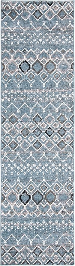 SAFAVIEH Amsterdam Collection Runner Rug - 2'3" x 14', Blue & Ivory, Moroccan Boho Design, Non-Shedding & Easy Care, Ideal for High Traffic Areas in Living Room, Bedroom (AMS108L)
