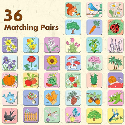 Hebayy Memory Matching Game, 72 PCS Grow A Garden Matching Cards for Toddlers 36 Designs Memory Cards Educational Toys for Preschool 4 5 6 Years Old