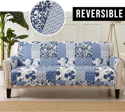 Great Bay Home Patchwork Scalloped Printed Furniture Protector Stain Resistant Sofa Cover (Sofa, Navy)