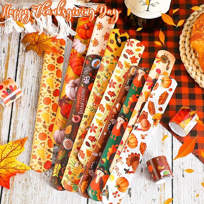 JUNEBRUSHS Thanksgiving Slap Bracelets, 56 Pcs Thanksgiving Gifts for Kids Autumn Maple Leaf Turkey Pumpkin Snap Bracelets Wristbands for Fall Party Favors Decorations Student Classroom Prizes