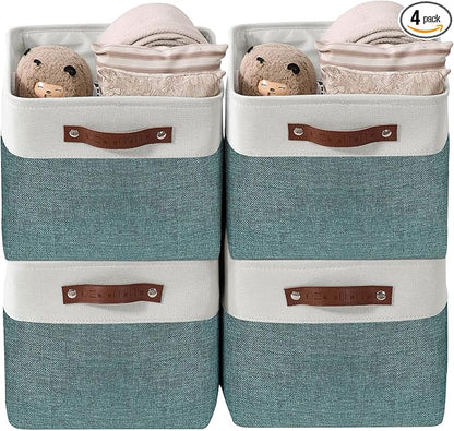 DECOMOMO Storage Baskets for Shelves - Fabric Storage Bins, Linen Closet Organizers and Storage (Green & White, Large - 4 Pack)
