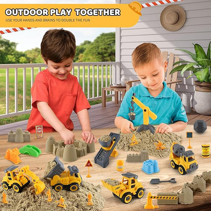 Asoxt Construction Sensory Playset - 43pcs Play Sand Art Kit- 2 lbs Sand,Sandbox,4 DIY Construction Trucks,Crane,Conveyor,8 Sand Molds,6 Figures,12 Road Signs - Ideal Toy for Boys & Girls Ages 3+
