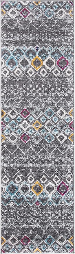 SAFAVIEH Amsterdam Collection Runner Rug - 2'3" x 14', Dark Grey & Ivory, Moroccan Boho Design, Non-Shedding & Easy Care, Ideal for High Traffic Areas in Living Room, Bedroom (AMS108H)