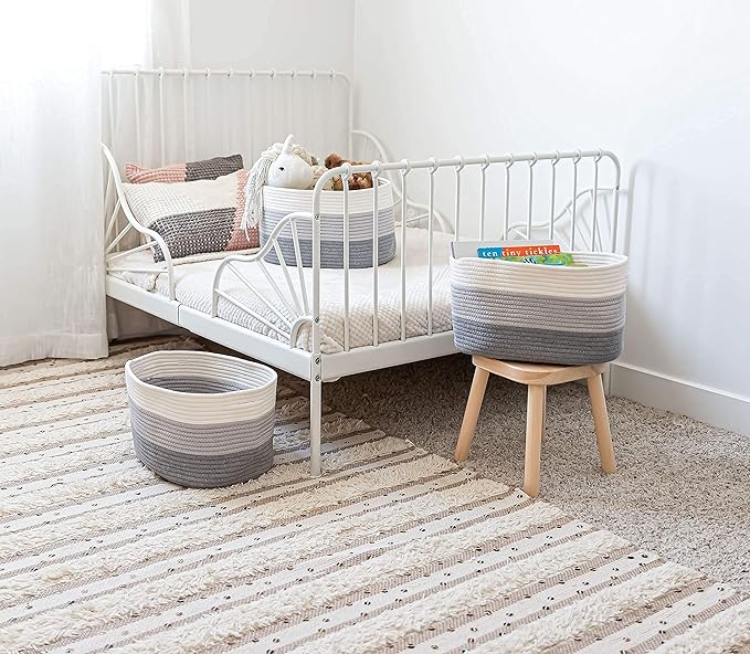 OrganiHaus Rope Baskets for Shelves - Set of 3 Woven Storage Baskets for Organizing, Closet & Toy Storage - 3-Toned Gray - 15x9x10