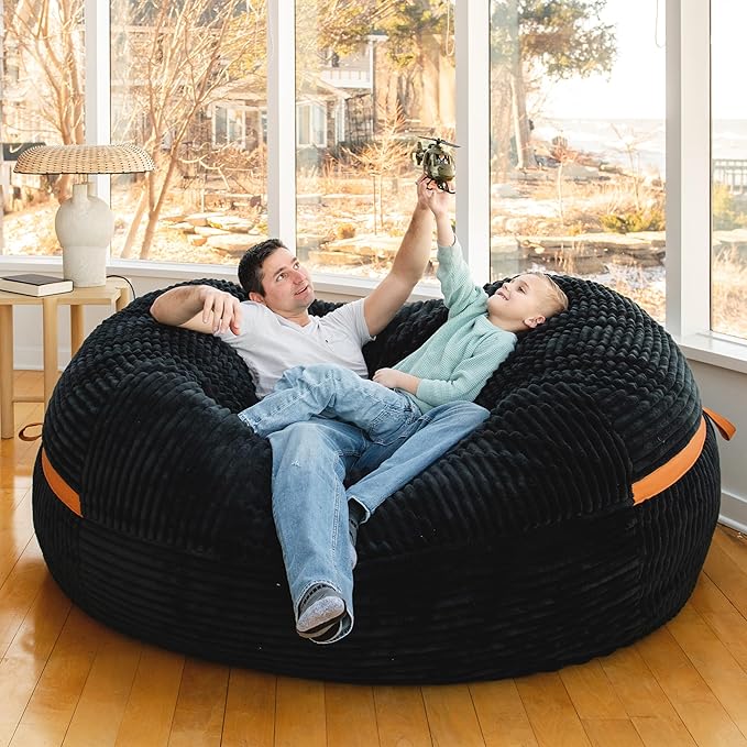 Big Joe Fuf XXL Foam Filled Bean Bag Chair with Removable Cover, Black Licorice Corded Plush, 6 feet Giant