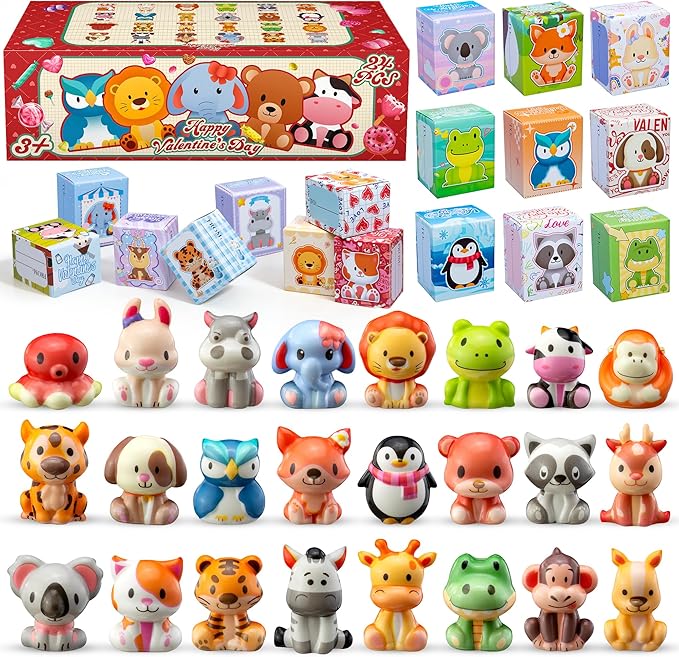 Valentines Day Gifts for Kids Party Favors 24PCS Safari Animal Squishy Toys,Goodie Bag Stuffers, Pinata Stuffers,Birthday Gifts for Boys & Girls,Treasure Chest Prizes,Classroom Prizes