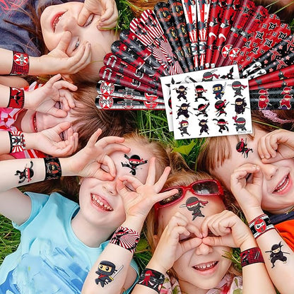 48PCS Ninja Party Favors - 24PCS Tattoos & 24PCS Slap Bracelets - Ninja Birthday Party Supplies, Samurai Baby Shower Decorations, Gifts, Classroom Prizes for Boys & Girls