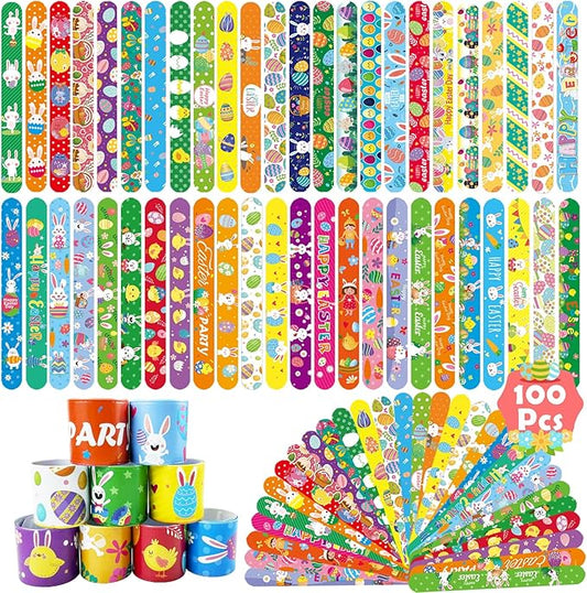 100Pcs Easter Slap Bracelets, Easter Basket Stuffers Party Favors Snap Wristbands for Kids Egg Fillers Gifts Exchange Gifts, Egg Hunt Event, Classroom Prizes, School Supplies