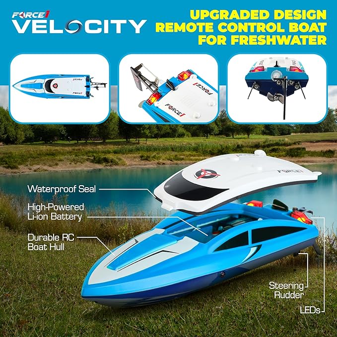 Force1 Velocity Blue Fast RC Boat- Remote Control Boats for Adults and Kids, Underwater Speed Racing Mini RC Boats for Pools and Lakes, 2.4GHZ Transmitter, 2 Rechargeable Batteries, Low Battery Alert