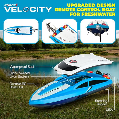 Force1 Velocity Blue Fast RC Boat- Remote Control Boats for Adults and Kids, Underwater Speed Racing Mini RC Boats for Pools and Lakes, 2.4GHZ Transmitter, 2 Rechargeable Batteries, Low Battery Alert