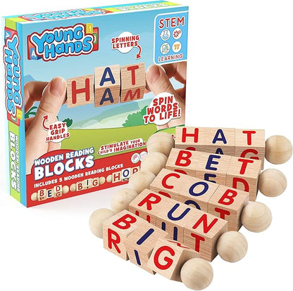 Creative Kids Wooden Reading Blocks - Set of 5 Spinning Alphabet Blocks w/Easy-Grip Handles - Kindergarten Preschool Learning Activities Letter Work - Wooden Montessori Toys Gifts for Kids Toddlers