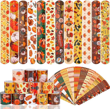 JUNEBRUSHS Thanksgiving Slap Bracelets, 56 Pcs Thanksgiving Gifts for Kids Autumn Maple Leaf Turkey Pumpkin Snap Bracelets Wristbands for Fall Party Favors Decorations Student Classroom Prizes